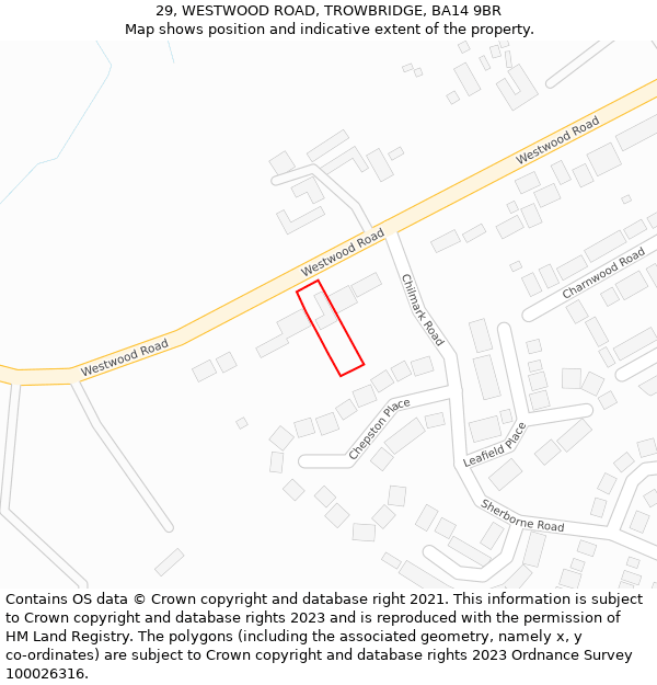 29, WESTWOOD ROAD, TROWBRIDGE, BA14 9BR: Location map and indicative extent of plot