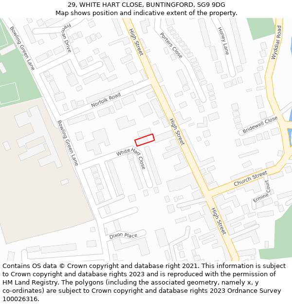 29, WHITE HART CLOSE, BUNTINGFORD, SG9 9DG: Location map and indicative extent of plot