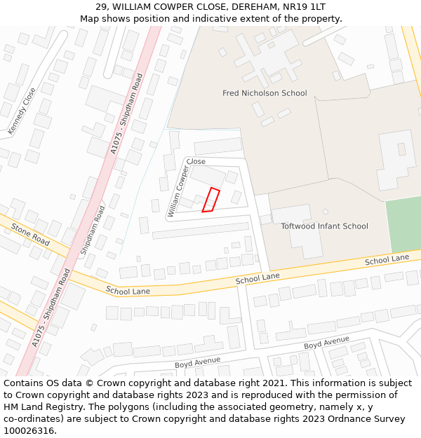 29, WILLIAM COWPER CLOSE, DEREHAM, NR19 1LT: Location map and indicative extent of plot