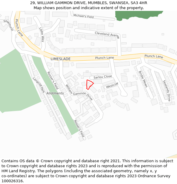 29, WILLIAM GAMMON DRIVE, MUMBLES, SWANSEA, SA3 4HR: Location map and indicative extent of plot