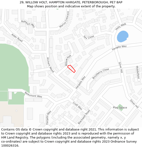 29, WILLOW HOLT, HAMPTON HARGATE, PETERBOROUGH, PE7 8AP: Location map and indicative extent of plot