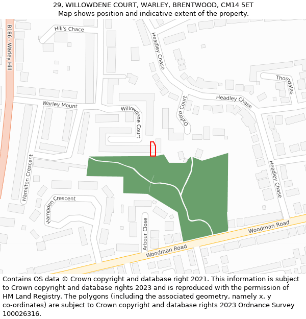 29, WILLOWDENE COURT, WARLEY, BRENTWOOD, CM14 5ET: Location map and indicative extent of plot