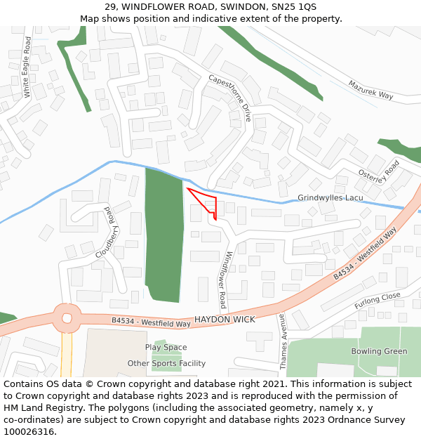 29, WINDFLOWER ROAD, SWINDON, SN25 1QS: Location map and indicative extent of plot