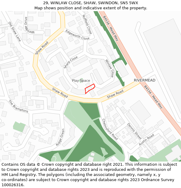 29, WINLAW CLOSE, SHAW, SWINDON, SN5 5WX: Location map and indicative extent of plot