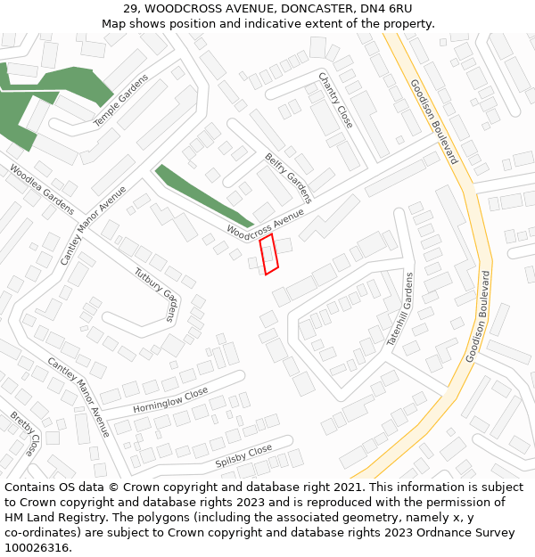 29, WOODCROSS AVENUE, DONCASTER, DN4 6RU: Location map and indicative extent of plot