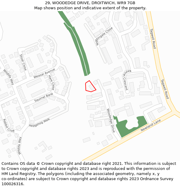 29, WOODEDGE DRIVE, DROITWICH, WR9 7GB: Location map and indicative extent of plot