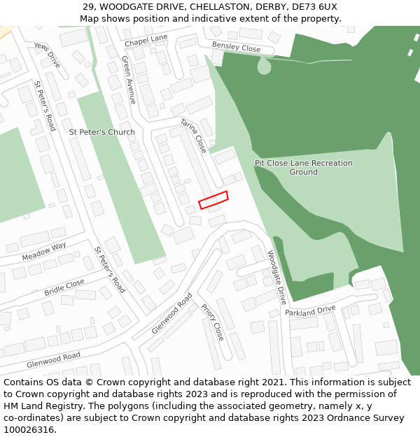 29, WOODGATE DRIVE, CHELLASTON, DERBY, DE73 6UX: Location map and indicative extent of plot