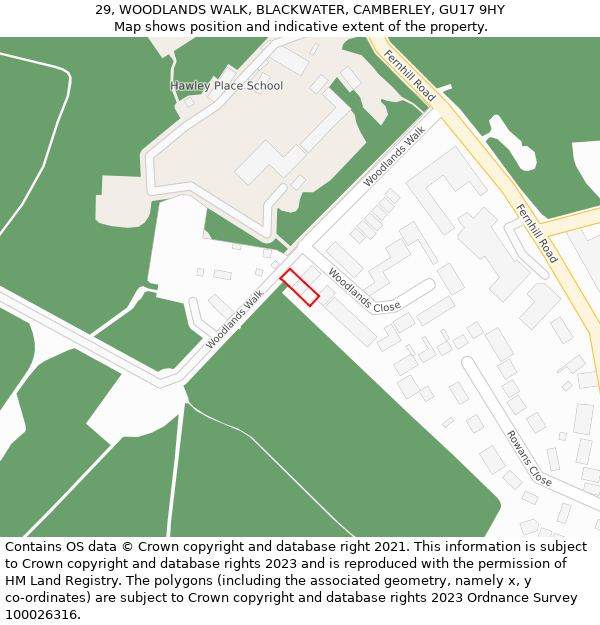 29, WOODLANDS WALK, BLACKWATER, CAMBERLEY, GU17 9HY: Location map and indicative extent of plot