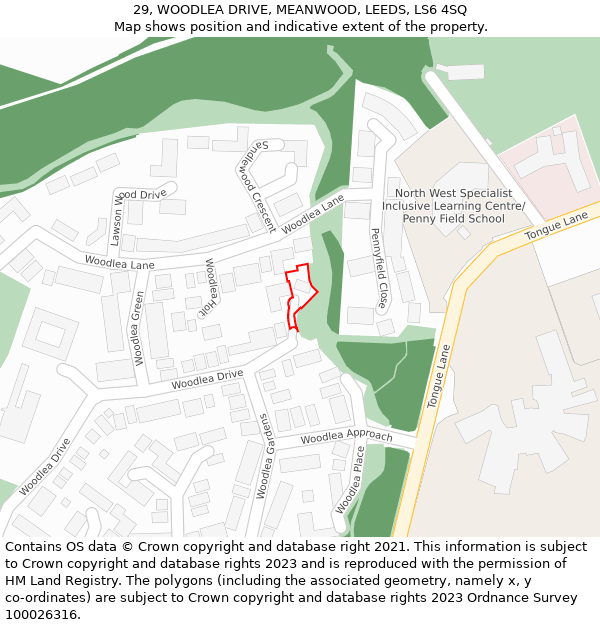 29, WOODLEA DRIVE, MEANWOOD, LEEDS, LS6 4SQ: Location map and indicative extent of plot