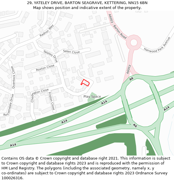 29, YATELEY DRIVE, BARTON SEAGRAVE, KETTERING, NN15 6BN: Location map and indicative extent of plot