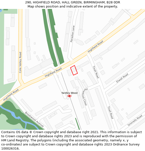 290, HIGHFIELD ROAD, HALL GREEN, BIRMINGHAM, B28 0DR: Location map and indicative extent of plot