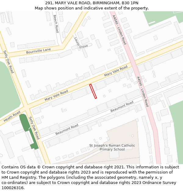 291, MARY VALE ROAD, BIRMINGHAM, B30 1PN: Location map and indicative extent of plot