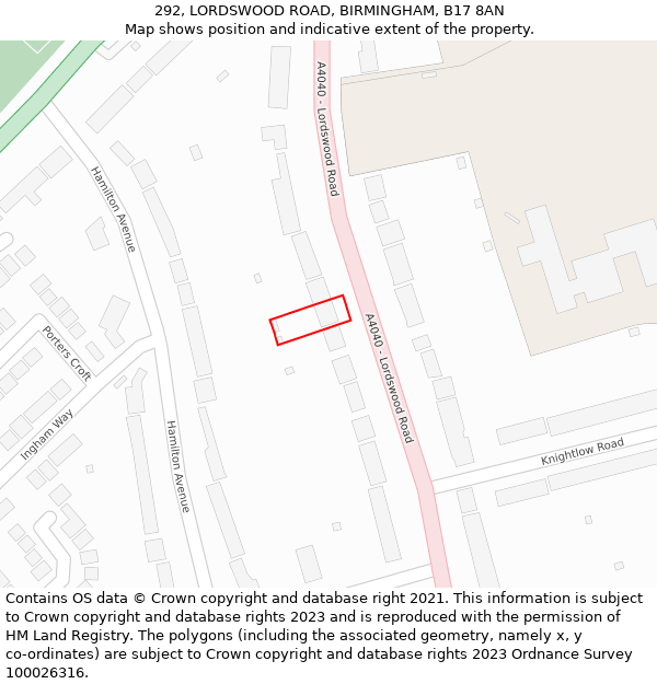 292, LORDSWOOD ROAD, BIRMINGHAM, B17 8AN: Location map and indicative extent of plot
