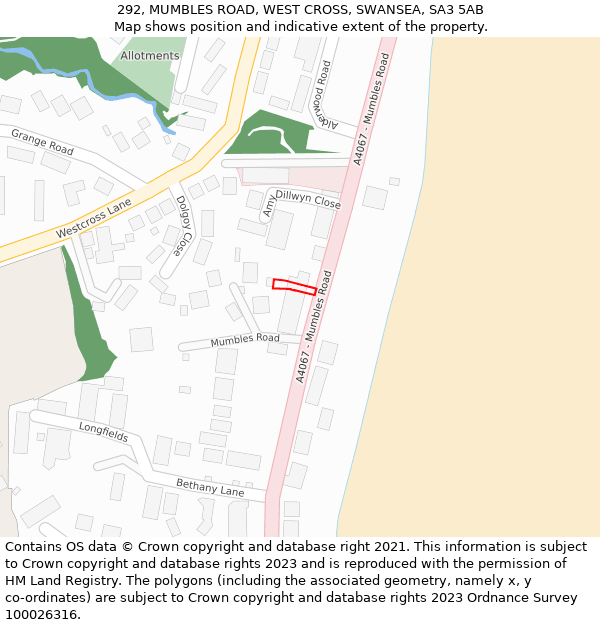 292, MUMBLES ROAD, WEST CROSS, SWANSEA, SA3 5AB: Location map and indicative extent of plot