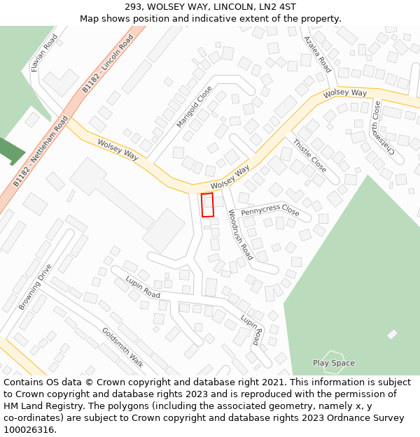 293, WOLSEY WAY, LINCOLN, LN2 4ST: Location map and indicative extent of plot