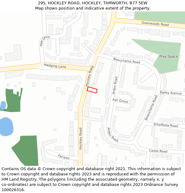295, HOCKLEY ROAD, HOCKLEY, TAMWORTH, B77 5EW: Location map and indicative extent of plot