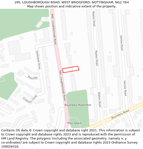 295, LOUGHBOROUGH ROAD, WEST BRIDGFORD, NOTTINGHAM, NG2 7EH: Location map and indicative extent of plot