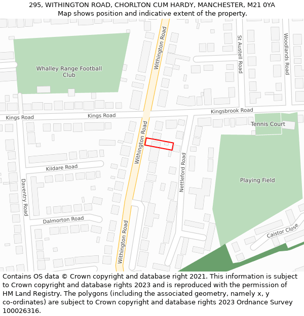 295, WITHINGTON ROAD, CHORLTON CUM HARDY, MANCHESTER, M21 0YA: Location map and indicative extent of plot