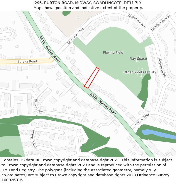 296, BURTON ROAD, MIDWAY, SWADLINCOTE, DE11 7LY: Location map and indicative extent of plot