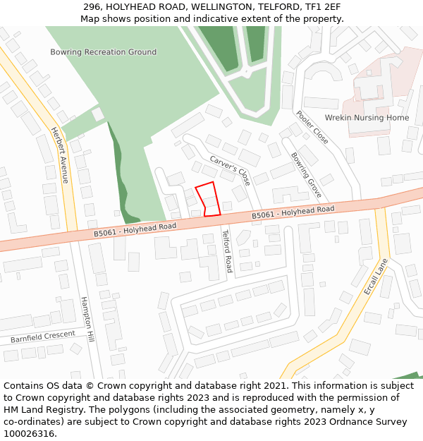 296, HOLYHEAD ROAD, WELLINGTON, TELFORD, TF1 2EF: Location map and indicative extent of plot