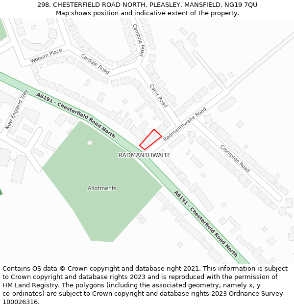 298, CHESTERFIELD ROAD NORTH, PLEASLEY, MANSFIELD, NG19 7QU: Location map and indicative extent of plot