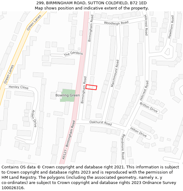 299, BIRMINGHAM ROAD, SUTTON COLDFIELD, B72 1ED: Location map and indicative extent of plot