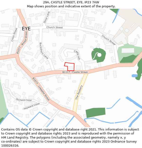 29A, CASTLE STREET, EYE, IP23 7AW: Location map and indicative extent of plot