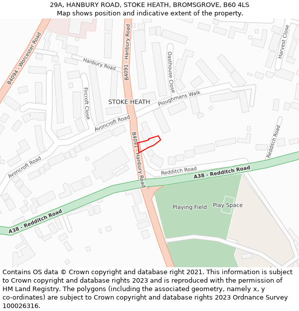 29A, HANBURY ROAD, STOKE HEATH, BROMSGROVE, B60 4LS: Location map and indicative extent of plot