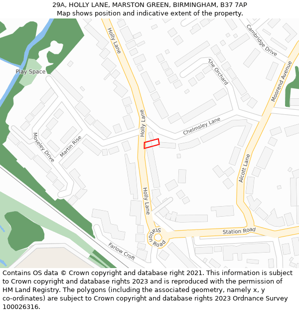 29A, HOLLY LANE, MARSTON GREEN, BIRMINGHAM, B37 7AP: Location map and indicative extent of plot
