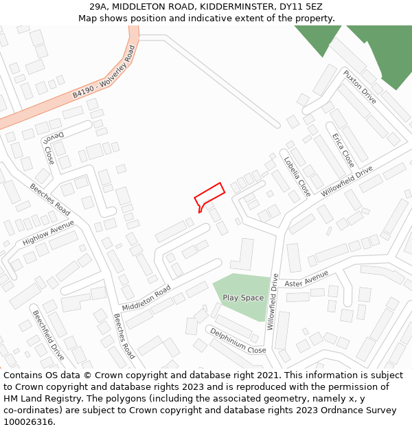 29A, MIDDLETON ROAD, KIDDERMINSTER, DY11 5EZ: Location map and indicative extent of plot