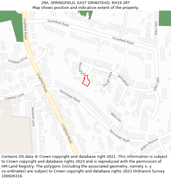 29A, SPRINGFIELD, EAST GRINSTEAD, RH19 2RT: Location map and indicative extent of plot