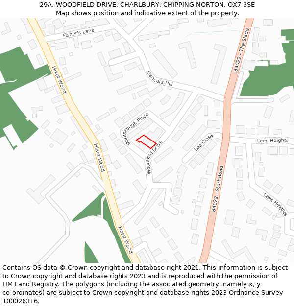 29A, WOODFIELD DRIVE, CHARLBURY, CHIPPING NORTON, OX7 3SE: Location map and indicative extent of plot