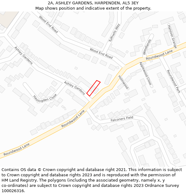 2A, ASHLEY GARDENS, HARPENDEN, AL5 3EY: Location map and indicative extent of plot