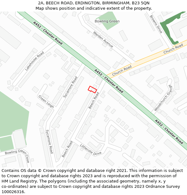 2A, BEECH ROAD, ERDINGTON, BIRMINGHAM, B23 5QN: Location map and indicative extent of plot