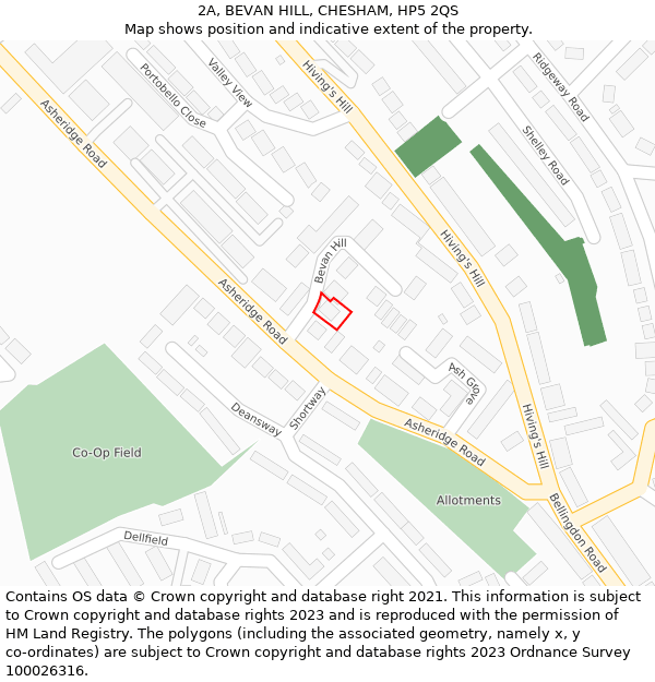 2A, BEVAN HILL, CHESHAM, HP5 2QS: Location map and indicative extent of plot