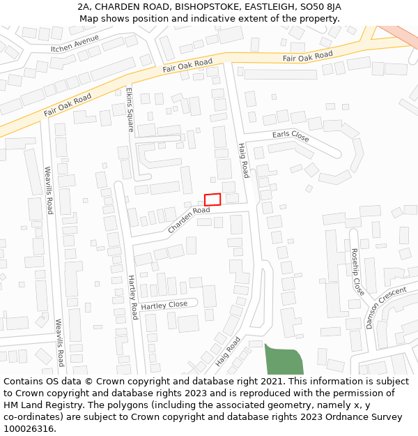 2A, CHARDEN ROAD, BISHOPSTOKE, EASTLEIGH, SO50 8JA: Location map and indicative extent of plot