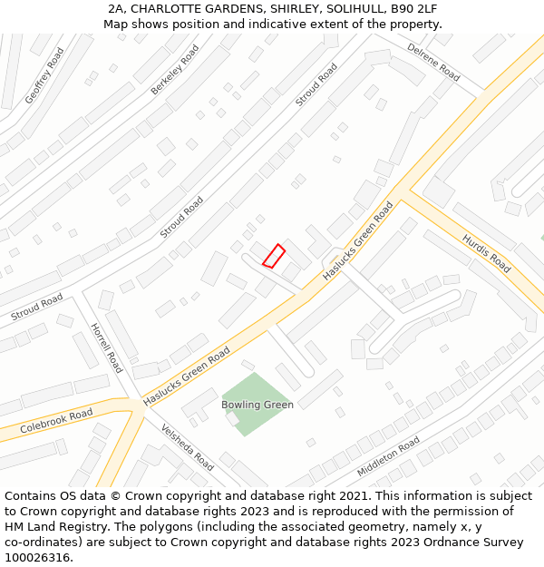 2A, CHARLOTTE GARDENS, SHIRLEY, SOLIHULL, B90 2LF: Location map and indicative extent of plot