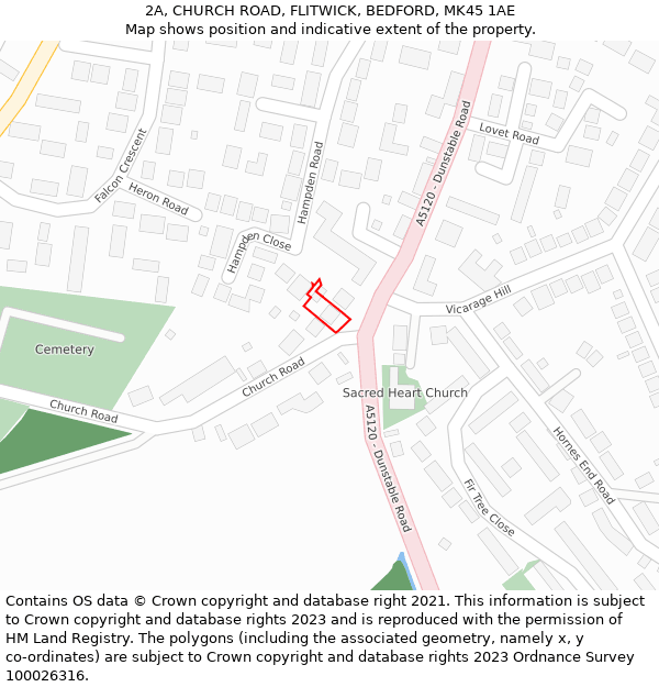 2A, CHURCH ROAD, FLITWICK, BEDFORD, MK45 1AE: Location map and indicative extent of plot