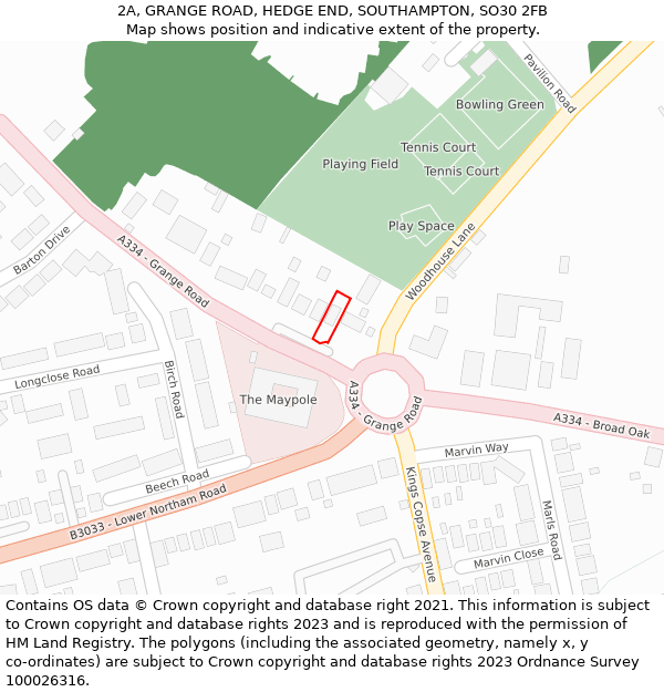 2A, GRANGE ROAD, HEDGE END, SOUTHAMPTON, SO30 2FB: Location map and indicative extent of plot