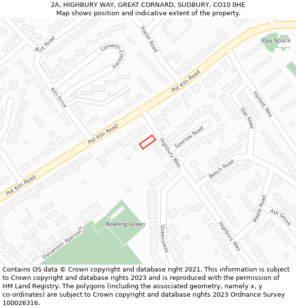 2A, HIGHBURY WAY, GREAT CORNARD, SUDBURY, CO10 0HE: Location map and indicative extent of plot