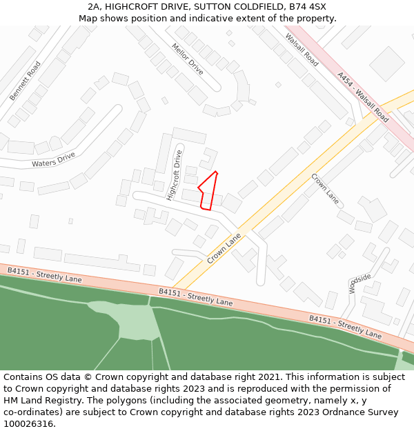 2A, HIGHCROFT DRIVE, SUTTON COLDFIELD, B74 4SX: Location map and indicative extent of plot
