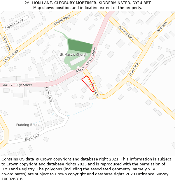 2A, LION LANE, CLEOBURY MORTIMER, KIDDERMINSTER, DY14 8BT: Location map and indicative extent of plot