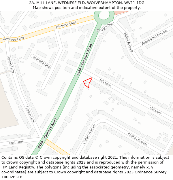 2A, MILL LANE, WEDNESFIELD, WOLVERHAMPTON, WV11 1DG: Location map and indicative extent of plot
