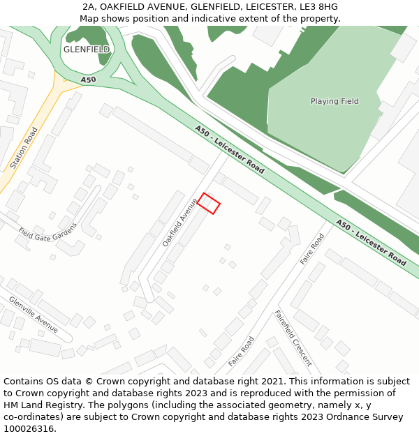 2A, OAKFIELD AVENUE, GLENFIELD, LEICESTER, LE3 8HG: Location map and indicative extent of plot