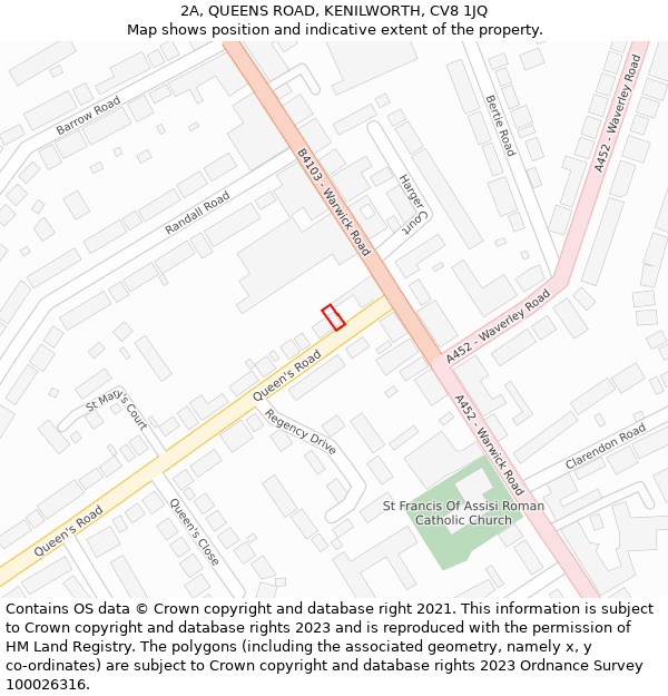 2A, QUEENS ROAD, KENILWORTH, CV8 1JQ: Location map and indicative extent of plot