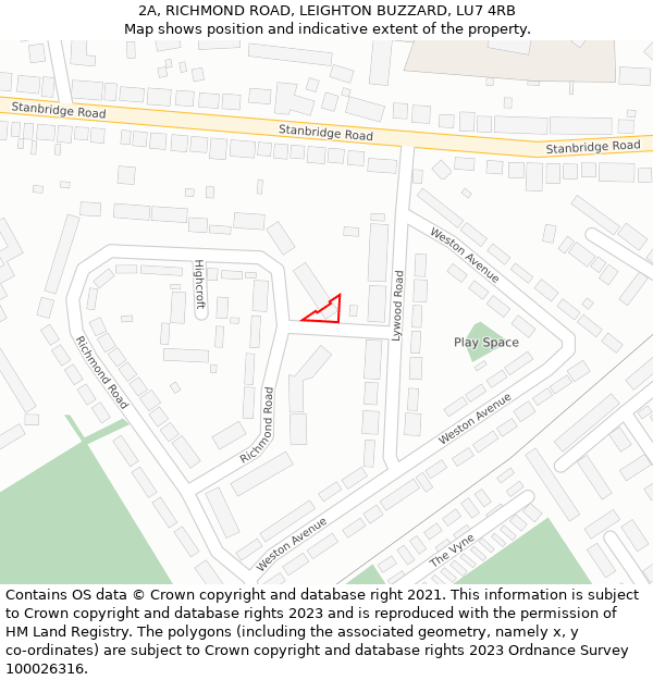 2A, RICHMOND ROAD, LEIGHTON BUZZARD, LU7 4RB: Location map and indicative extent of plot