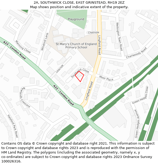 2A, SOUTHWICK CLOSE, EAST GRINSTEAD, RH19 2EZ: Location map and indicative extent of plot