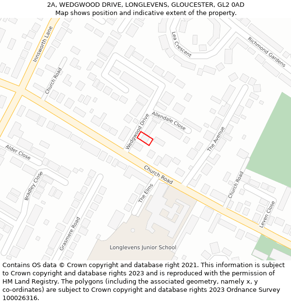 2A, WEDGWOOD DRIVE, LONGLEVENS, GLOUCESTER, GL2 0AD: Location map and indicative extent of plot