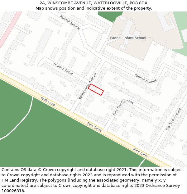 2A, WINSCOMBE AVENUE, WATERLOOVILLE, PO8 8DX: Location map and indicative extent of plot