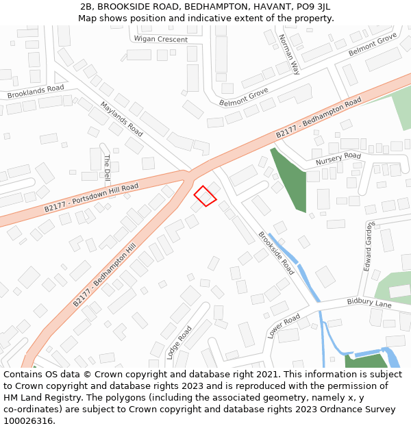 2B, BROOKSIDE ROAD, BEDHAMPTON, HAVANT, PO9 3JL: Location map and indicative extent of plot